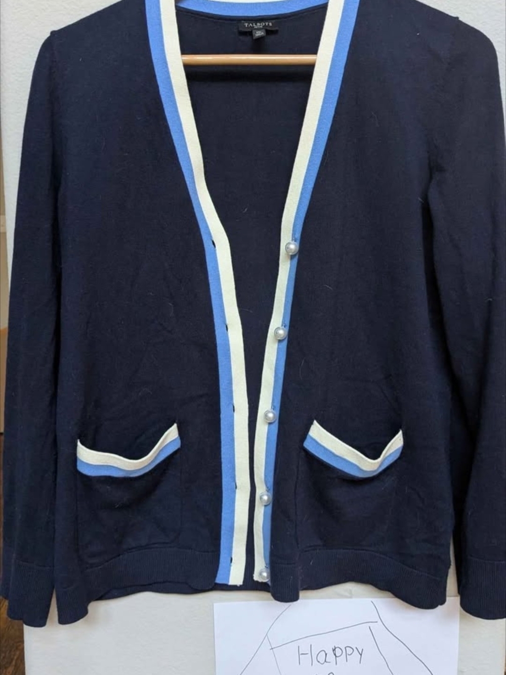 Talbots Navy Cardigan with Light Blue and Cream Trim